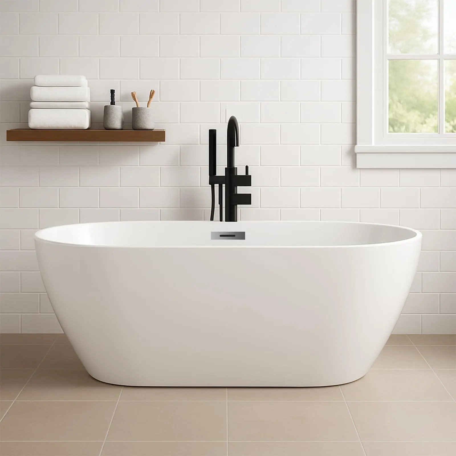 59" Acrylic Freestanding Bathtub, Modern Deep Soaking Tub, cUPC Certified Free Standing Tub, Chrome Drain/Overflow, White Acrylic, White Flora