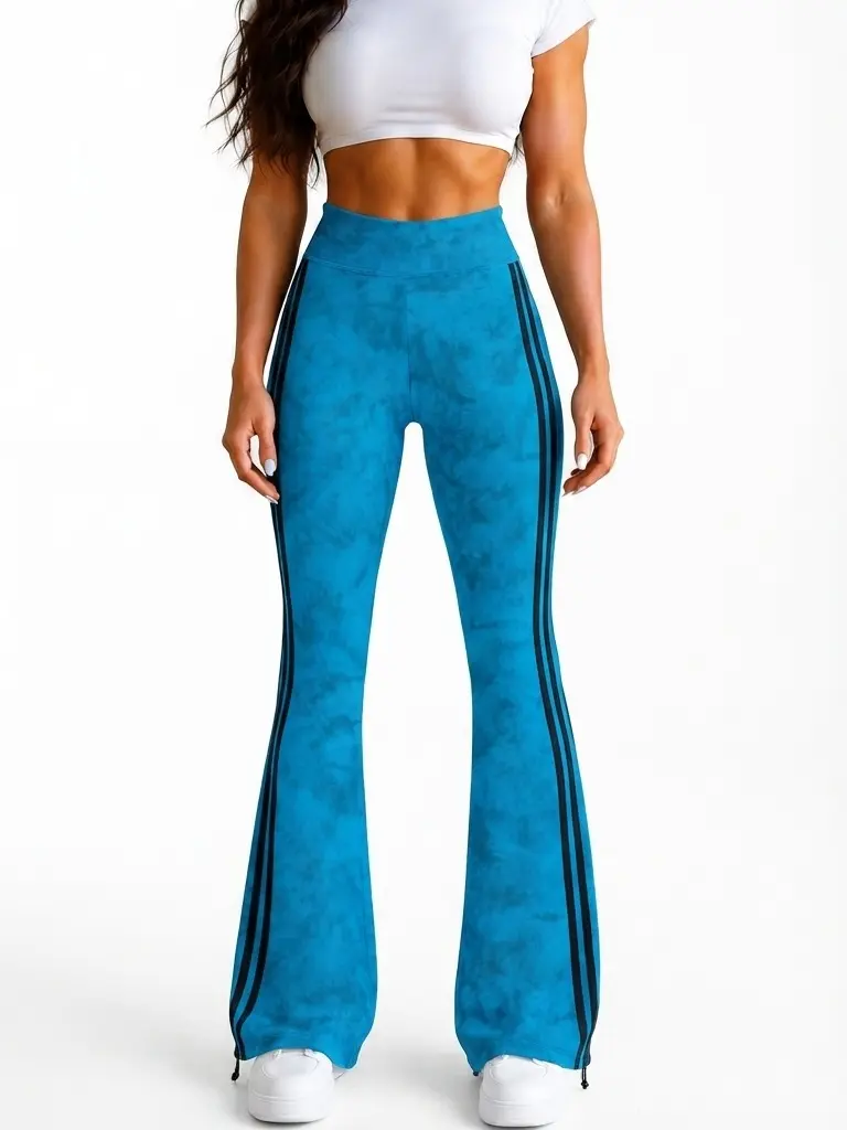 Flooo Women’s High-Waisted Tie-Dye Flare Yoga Pants – Blue Double-Stripe Bell-Bottom Leggings