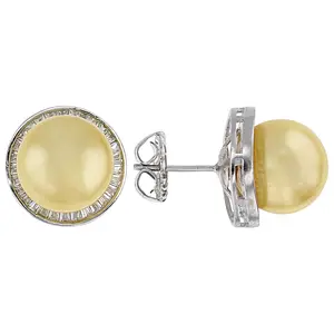 JTV Pearlfection(R) Golden South Sea Simulant & White Cubic Zirconia Rhodium Over Sterling Silver Earrin