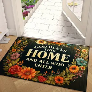 2D Flannel 1pc God Bless This Home Welcome Doormat - Non-Slip Indoor/Outdoor Entrance Mat Suitable for Front Door, Golden Lettering Black with Prayer Blessing, Durable Top & Rubber Backing, Hand Washable for Housewarming Gift