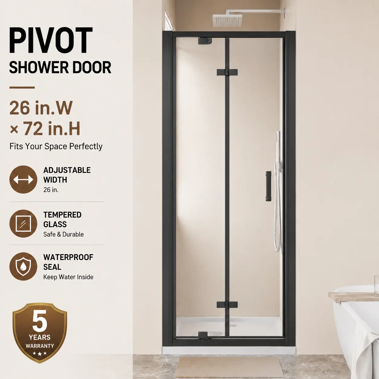 26" x 72" Framed Bi-Fold Pivot Shower Door, 1/4" Clear Tempered Glass, Space-Saving Folding Design, Reversible Installation, Matte Black Finish