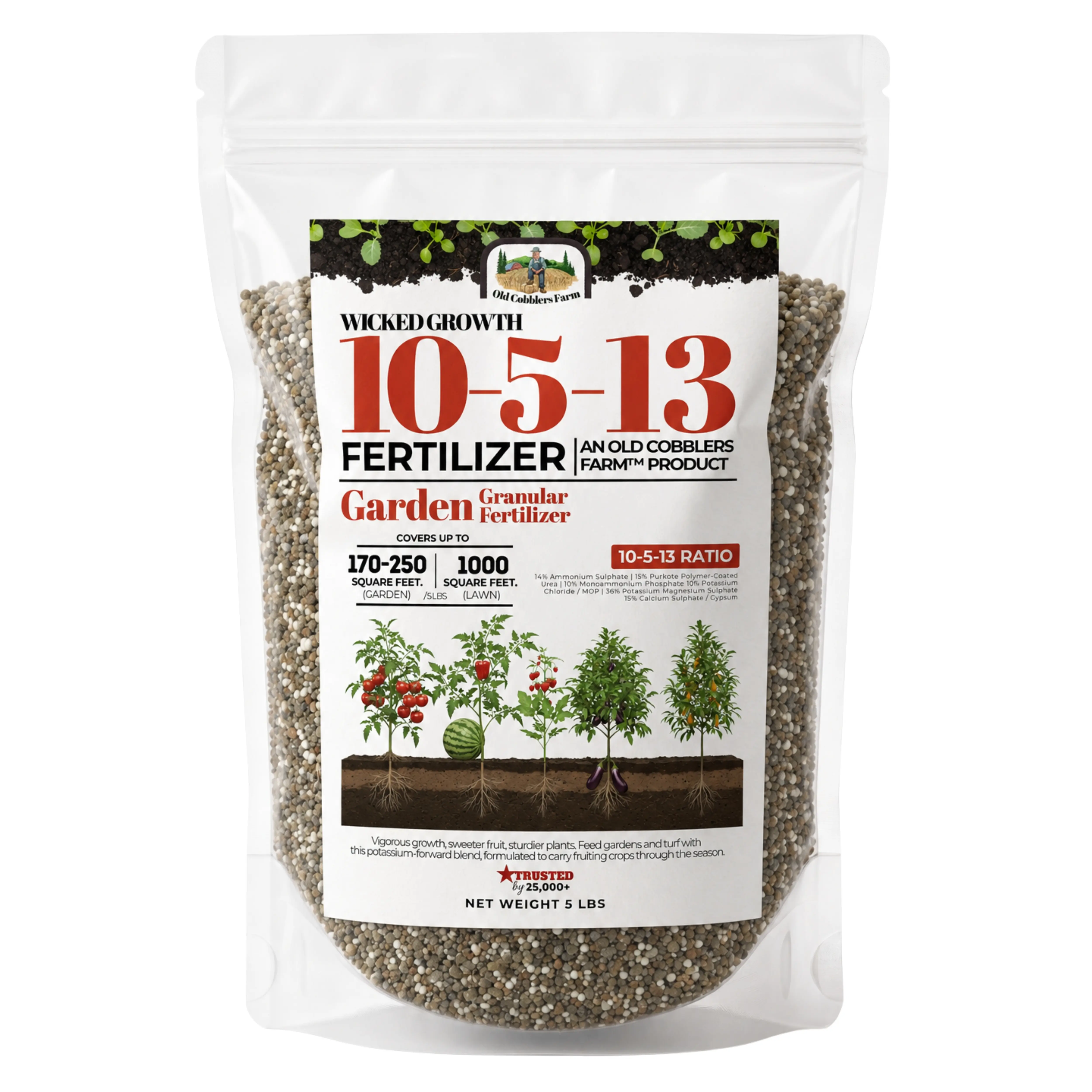 Old Cobblers Farm Wicked Growth 10-5-13 Fertilizer, Slow Release Coated Nitrogen with Calcium, Magnesium and Sulfur, High Potassium Granular Plant Food for Fruit Set and Blossom End Rot Support