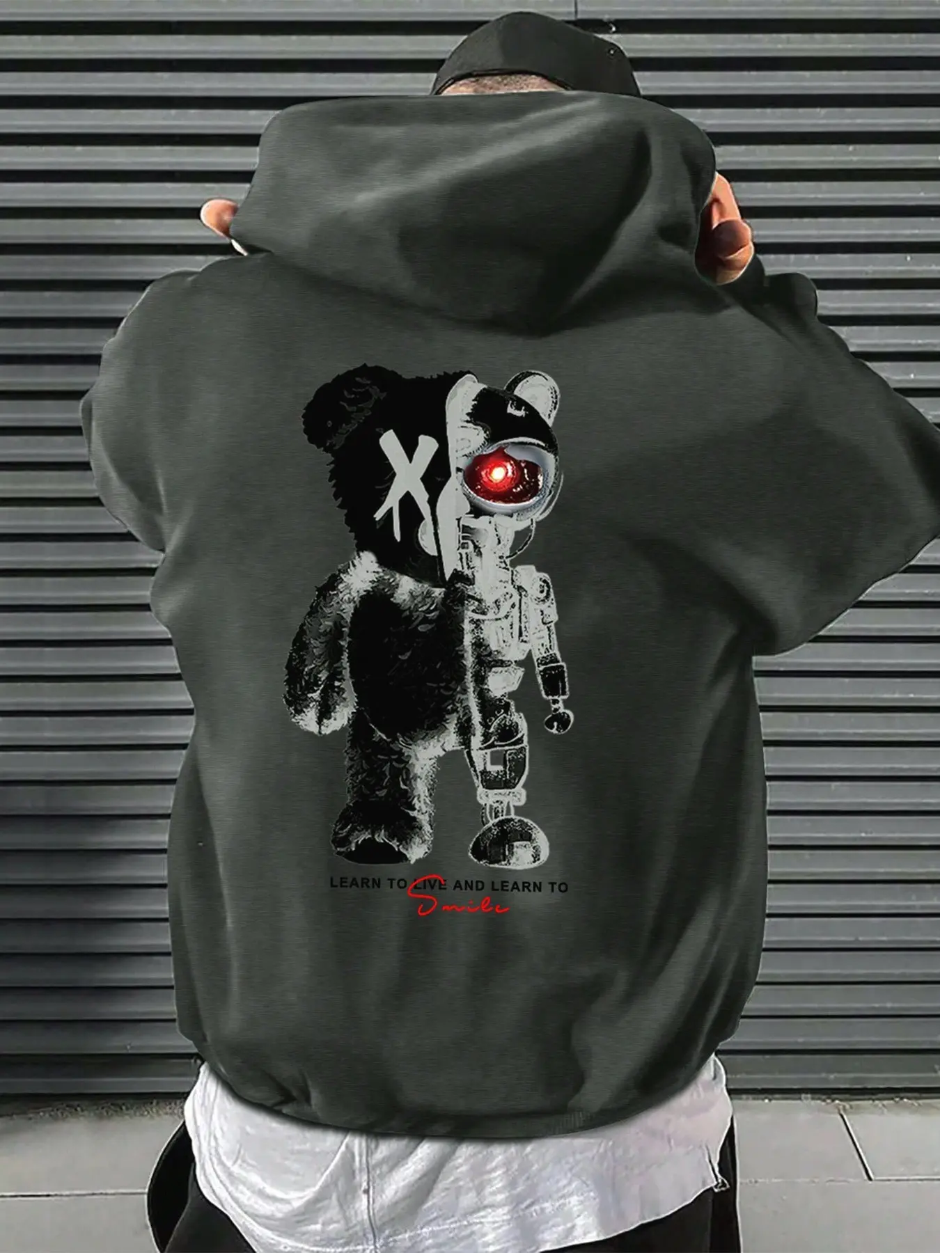 Men's Cartoon Bear Print Drop Shoulder Thermal Lined Hoodie, Fashion Casual Regular Fit Drawstring Pocket Hooded Sweatshirt for Daily Holiday Outdoor Wear, Men Clothes for Fall & Winter