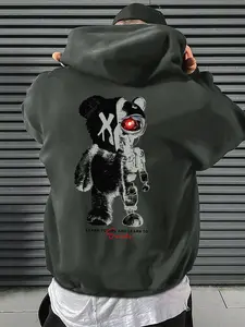 Men's Cartoon Bear Print Drop Shoulder Thermal Lined Hoodie, Fashion Casual Regular Fit Drawstring Pocket Hooded Sweatshirt for Daily Holiday Outdoor Wear, Men Clothes for Fall & Winter