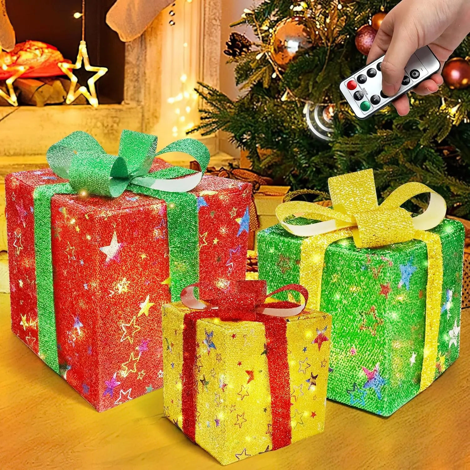 Set of 3 Christmas Lighted Gift Boxes Pre-lit LED Warm White Lights for Indoor & Outdoor Decorations with 8 Lighting Modes & Remote Control, Ornament, Water Proof