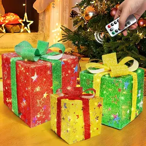Set of 3 Christmas Lighted Gift Boxes Pre-lit LED Warm White Lights for Indoor & Outdoor Decorations with 8 Lighting Modes & Remote Control, Ornament, Water Proof