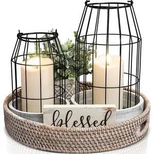 Rustic Farmhouse Lantern Decor Set of 2 - Stylish Decorative Lanterns for Your Living Room, Patio & Porch or Kitchen Dining Table - Modern Indoor/Outdoor Coffee Table Decor for Your Entire Home