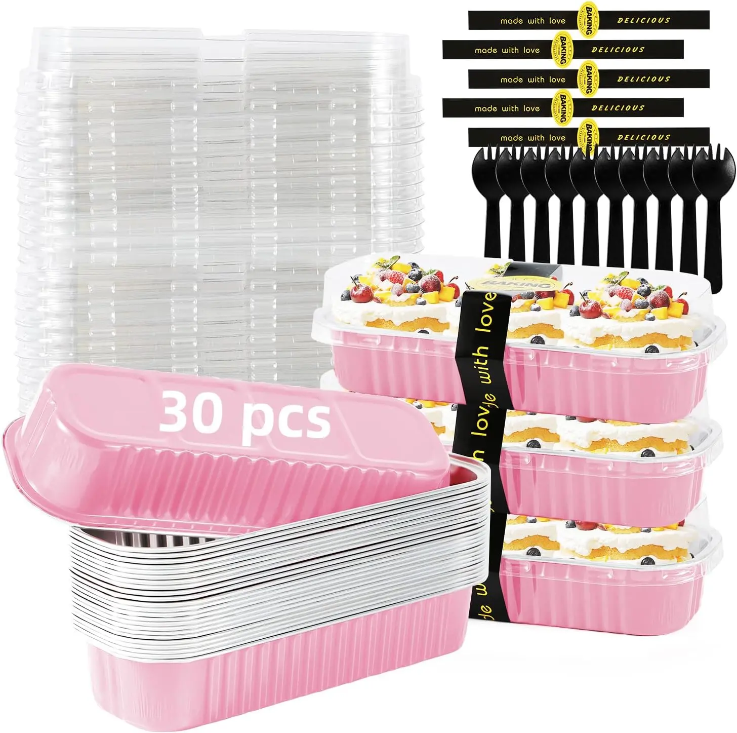 30 Pack Mini Loaf Cake Pans with Lids & Spoons, 6.8oz Disposable Aluminum Foil Baking Tins, Rectangular Mini Bread Pans for Baking, Meal Prep, Party, Picnics & Holiday Gifts