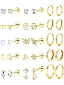 15 Pairs of 14K Gold-plated Flat-back Earrings Stud Earring Hypoallergenic Surgery Stainless Steel Earrings Earrings Girls Cute Earrings Earrings Set Small Huggie Hoops Cartilage Earrings Stack