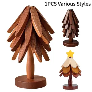 High-end-Christmas Tree Wooden Trivet Set, 3/4 Pcs Heat Resistant Coasters for Hot Dishes Pans Bowls, Christmas Tree Shape Table Decor for Kitchen Dining & Holiday Party