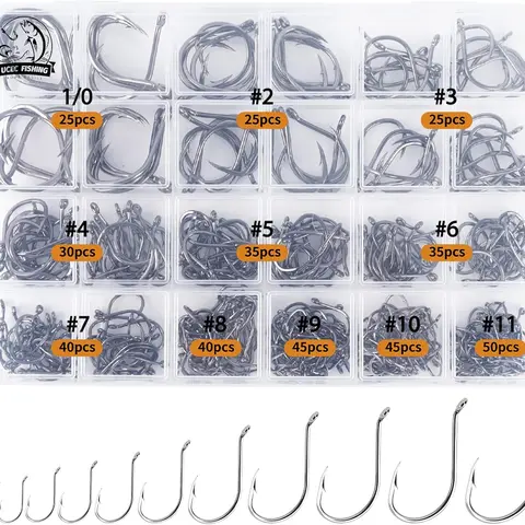 UCEC 11-Size Corrosion-Resistant Durable Carbon Steel Fishing Octopus Hooks Multipack - Barbed Catfish Bend Eye Hooks, Saltwater-Ready Fishing Gear for Novice Anglers