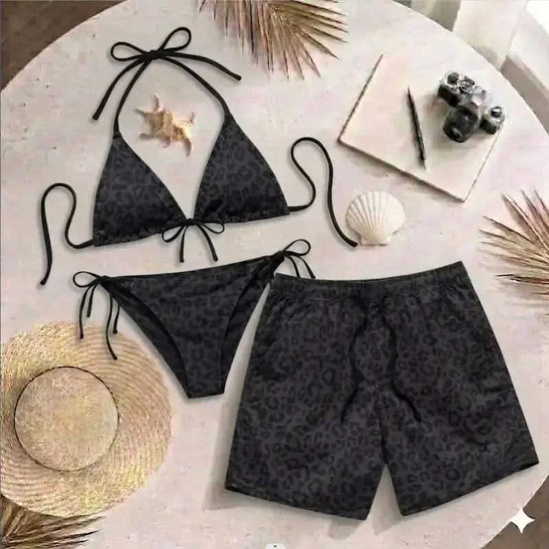 Couple Beach Set 2026 – Black Leopard Bikini & Matching Swim Shorts
