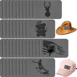 60 Pcs Blank Leatherette Hat Patches with Adhesive Rustic Leatherette Rectangle Patch Faux Leather Patches for Hats Custom Fabric Repair Sew Laser Supplies (Gray,3 x 2 Inch)