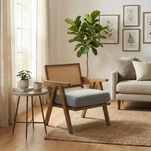 Garvee Mid-Century Modern Accent Chair, Linen Upholstered Lounge Chair with Wood Frame, Soft Cushion - Comfortable Reading Armchair for Living Room, Bedroom, Office - Gray 1 PCS