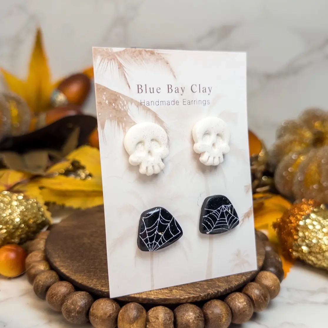 Handmade Clay Halloween Stud Pack of 2 Earrings, Glitter Skull & Spider Web Studs, Nickel-Free
