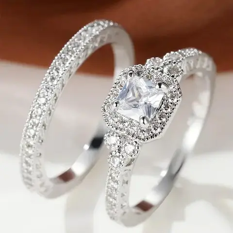 Women's Elegant Rhinestone Decor Beautiful Rings, 2pcs/set Trendy Exquisite Promise Rings, Fashion Luxury Wedding Jewelry Fashion Engagement Rings As Romantic Jewelry Gift for Girlfriend, Bridal Ring Sets