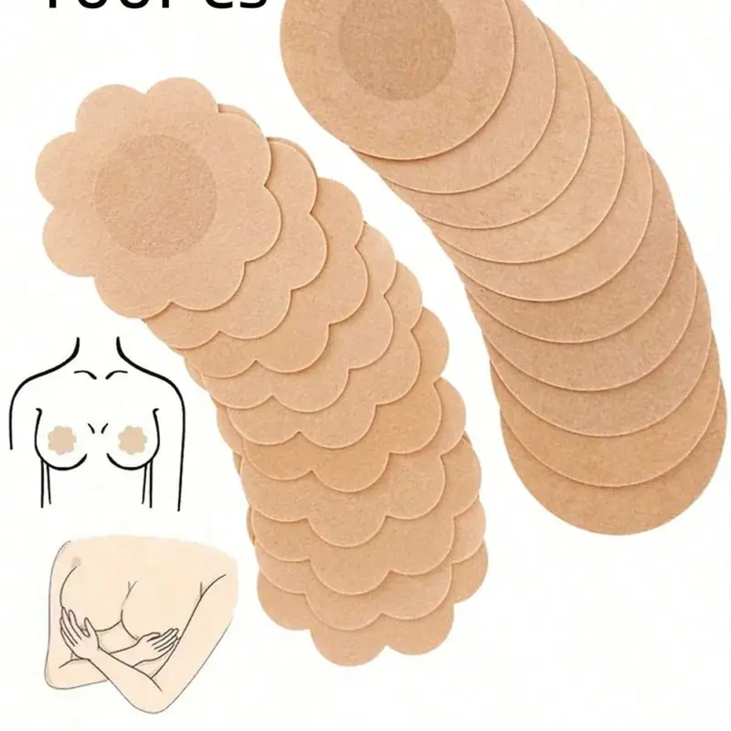 Women's 100pcs Seamless Breathable Self-Adhesive Invisible Nipple Covers, Round & Flower Shaped, Sweatproof & Anti-Slip Design, Gym Yoga Running Essential, Circle Nipple Covers