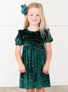 Emerald Starry Night Velvet Ruffle Dress
