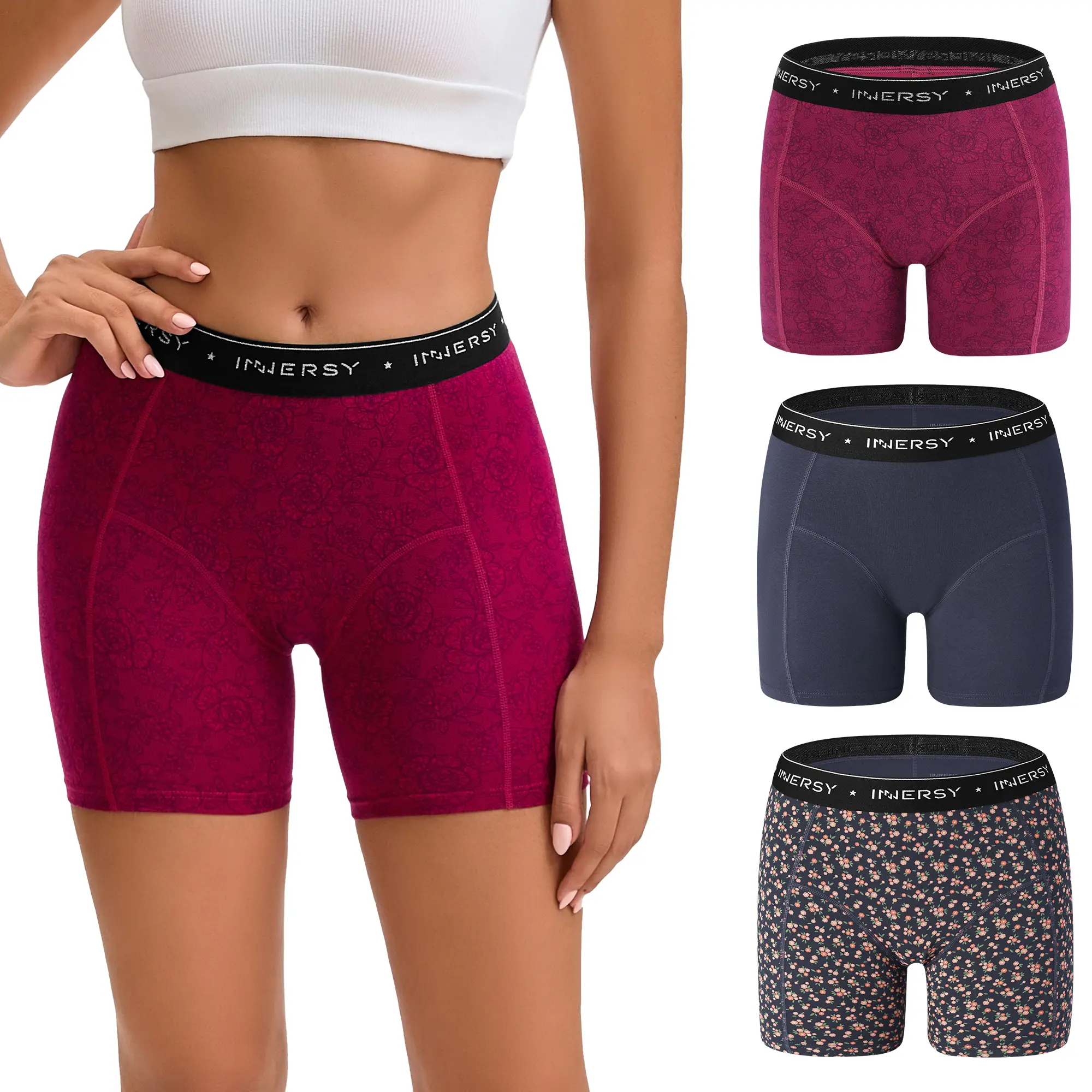 INNERSY Women's 4-Inch Inseam Boxer Briefs 3-Pack, 7.5-Inch Inseam Cotton Boyshorts Underwear, Soft & Comfortable Ladies Panties, Breathable & Stretchy for Everyday Wear & Full Coverage Womenswear Smooth Basic Minimalist