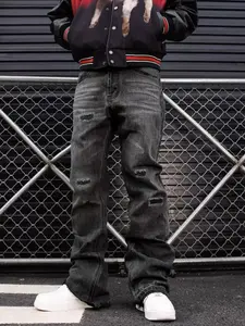 Four-season American street-style men's denim jeans, featuring a black and gray color with multiple distressed designs and frayed hems. The vintage washed finish and straight-leg fit create an unruly, casual high-street silhouette streetwear.