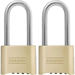 Brass Combination Lock, Gate Lock for Outdoor Fence or Shed, Customizable Combination Padlock with Extended 2-1/4-Inch-Long Shackle, 2 Pack, 175LHEC2