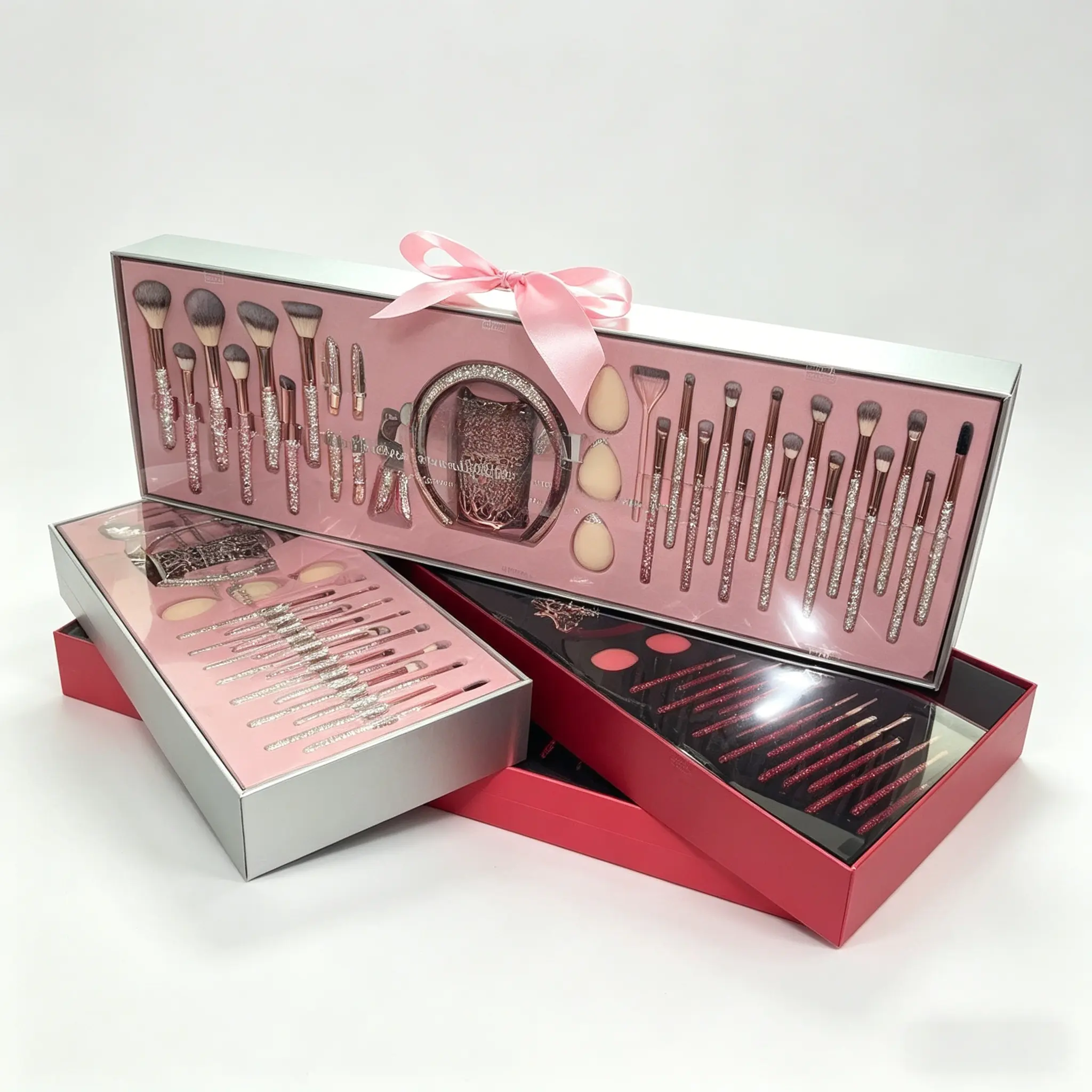Professional 32 Piece Makeup Brush Set with Decorative Gift Box, Foundation Concealer Eyeshadow Blending Brushes Tweezers Eyebrow Pencil Kit for Makeup Lovers, Long Lasting Dark Pink gingham brush # quick touch up