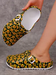 Women's Floral Print Slip-On Shoes, Lightweight Eva All-Season Work Shoes, Adjustable Buckle Strap, Soft Sole, Beach & Garden Wear