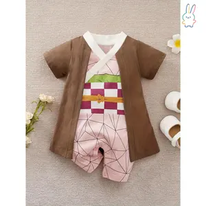 ERT-Infant's Anime Character Style Faux Two-piece Bodysuit, Comfy Cotton Short Sleeve Outdoor Onesie, Baby Boy's Clothing, As Gift