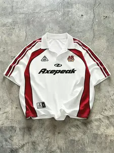 Vintage Oversized Collared Football Jersey for Men, Retro Striped Print Y2K Streetwear Soccer Shirt, Breathable Quick Dry 90s Throwback Sportswear Top for Hip Hop Skate Daily Outfit