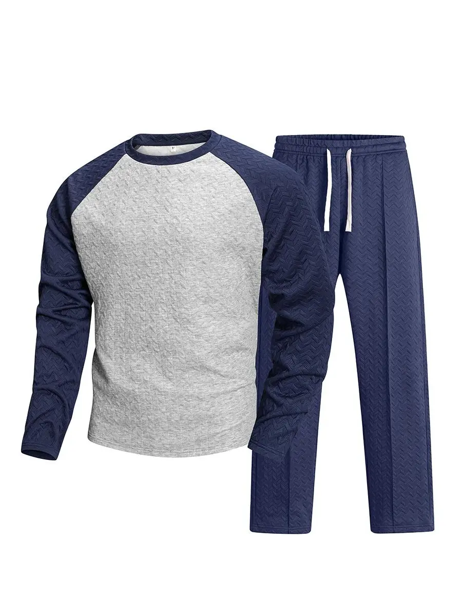 Men’s 2-Tone Raglan Chevron Textured Crew Neck Tracksuit Set - Elastic Drawstring Straight Pants & Top for Smart Casual, Sports, Daily All-Season Outings