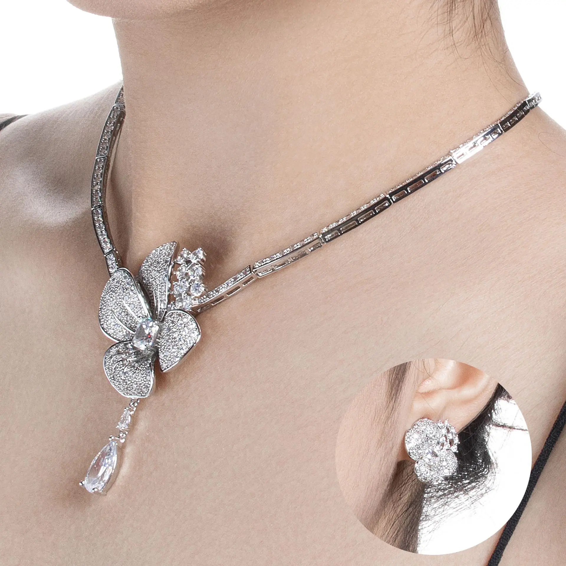 Luxury Floral Zircon Jewelry Set, Bridal Wedding Necklace & Earrings, Statement Bridal Prom Accessory Luxury Floral Zircon Jewelry Set, Bridal Wedding Necklace & Earrings, Statement Bridal Prom Accessory