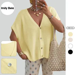 Imily Bela Womens Oversized Cardigans Batwing Short Sleeve Lightweight Button V Neck Casual Knit Sweater Tops