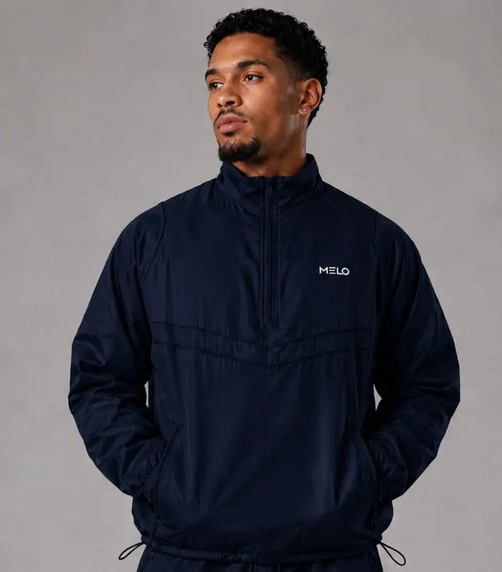 Men's Casual Windbreaker Jacket in Solid Navy, Ripstop Nylon with an Elastane Stretch Panel, Regular Fit