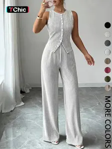 2026 New Model Elegant Commute Style Set, Sleeveless Round Neck Buttoned Slim Vest   High Waist Loose Straight Leg Pants, 2 Piece, Stretchy, Versatile, Minimalist Chic, Outdoor, Contemporary, Modern, On The Go