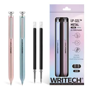 WRITECH Gel Pens Fine Point: Premium Metal Barrel Retractable 0.7mm Black Ink Pen 2ct with 2 Refills