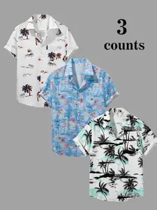 Men's 3-Pack Hawaiian Shirts | Tropical Palm Tree, Floral & Graphic Print Short Sleeve Button Down | Casual Beach Vacation Aloha Tops for Summer Holiday Party, Lightweight Breathable Holiday Outfits