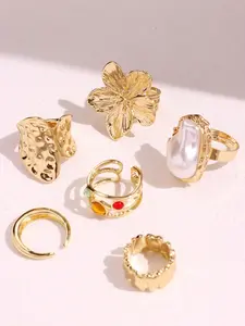 6-piece sparkling, luxurious, fashionable, minimalist, elegant, unique, refined, high-end ring set for women—geometric floral designs with colorful gemstones and pearls, suitable for everyday wear.