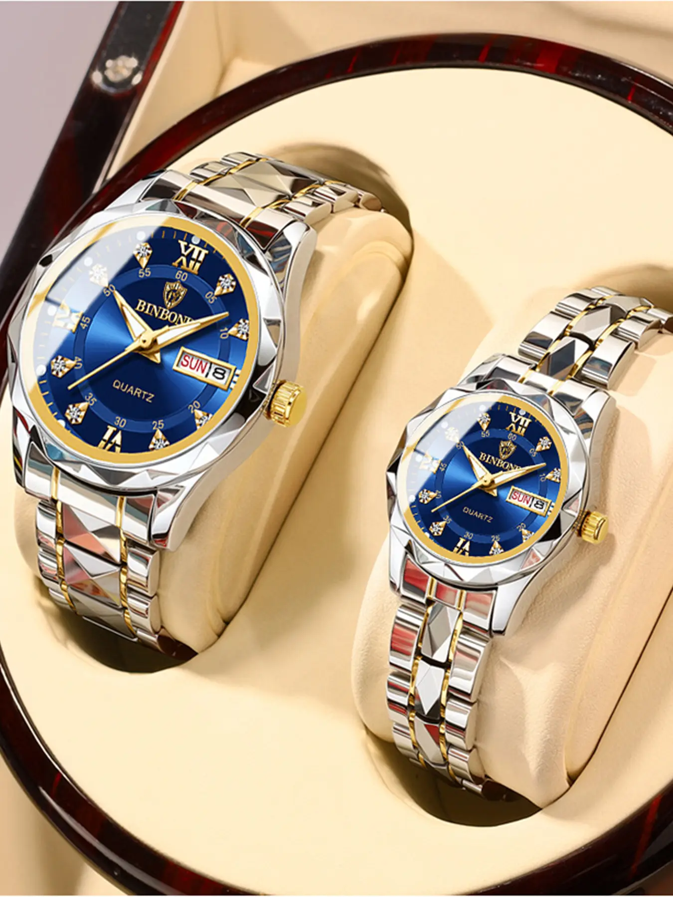 BINBOND B2521 2pcs/Set Couple Watches, Fashionable Watches, Waterproof Fashion Diamond Valentine Day Gift Stainless Steel Watch Men Women Quartz Watch, Round Dial Watch, Daily Clothing Decor, All-match Watch, with Box, Band Watch, Quartz Analog Watches