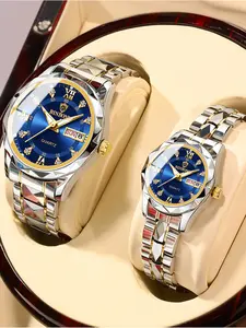 BINBOND B2521 2pcs/Set Couple Watches Waterproof Fashion Diamond Valentine Day Gift Stainless Steel Watch Men Women Quartz Watch,Business Style Round Dial Watch, Daily Clothing Decor, Trendy All-match Watch for Birthday Gift,with Box, Exquisite Band Watch