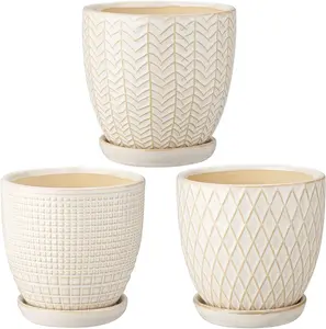 4 inches Ceramic Planter Pots 3 Set of Small Round Flower Pots with Drainage Hole and Ceramic Tray for  Cactus Indoor Outdoor Garden Home Windowsill