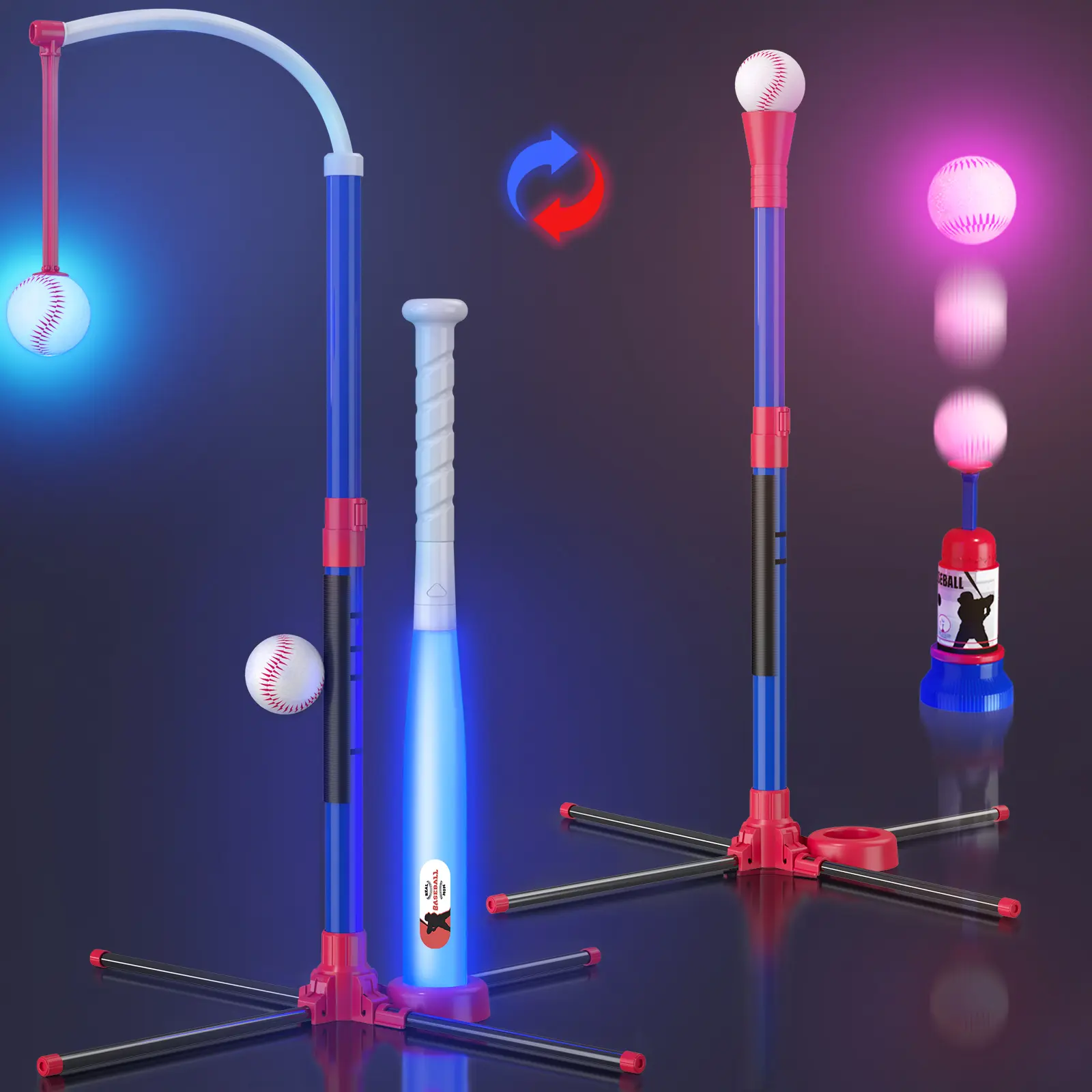 3-in-1 LED Baseball Set for Kids 3-5 - Tee Ball Stand, Hanging Tee, Ball Launcher and 4 Softballs - Adjustable Height, Indoor/Outdoor Sport Gifts for Boys Girls, Blue Portable Fun