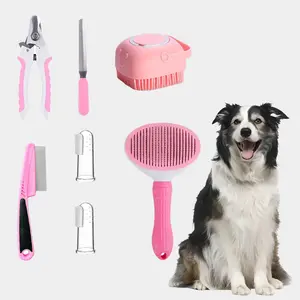 7 Piece Pet Grooming Set with Self-Cleaning Nail Rake Brush Cat Brush with Release Button Flea Comb Shampoo Bath Brush for Dog Cat Care Fur Removal Tool