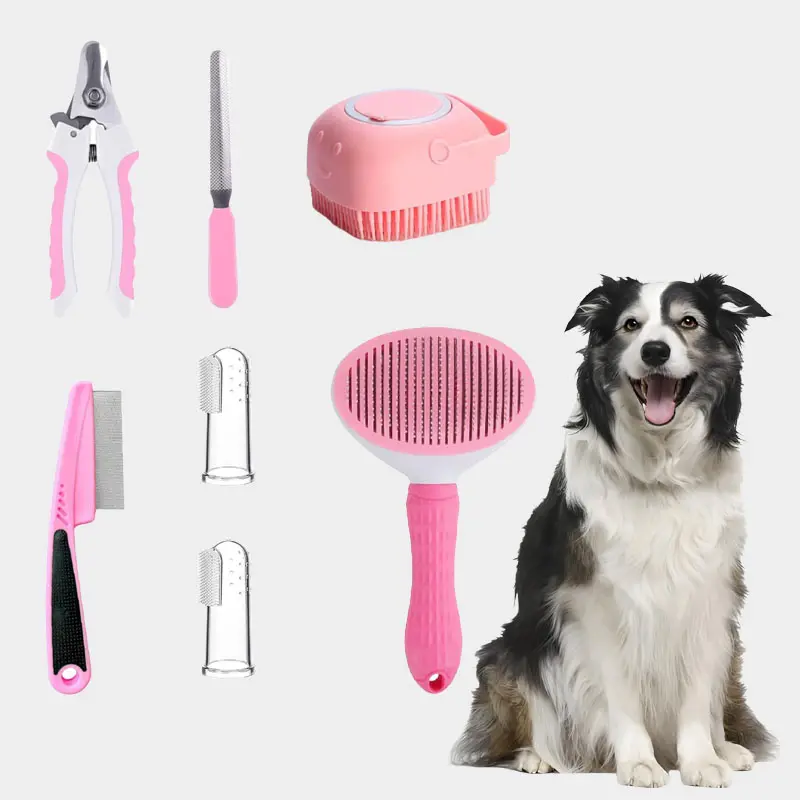 7 Piece Pet Grooming Set with Self-Cleaning Nail Rake Brush Cat Brush with Release Button Flea Comb Shampoo Bath Brush for Dog Cat Care Fur Removal Tool