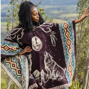 Wolves Howling III Alpaca Poncho - Handmade Summer Poncho for Women & Men - 80% Alpaca 20% Acrylic - Warm & Luxurious - Unique Design - One Size Fits Most