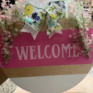 Pink and White Welcome Door Hanger with Pink Greenery and Bow 18in Beautiful Pinks for Home Decor
