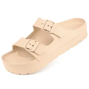 Trendy Double Buckle Platform Sandals for Women | Soft EVA Anti-Slip Slides with Arch Support, Perfect Summer Beach & Casual Comfort Shoes