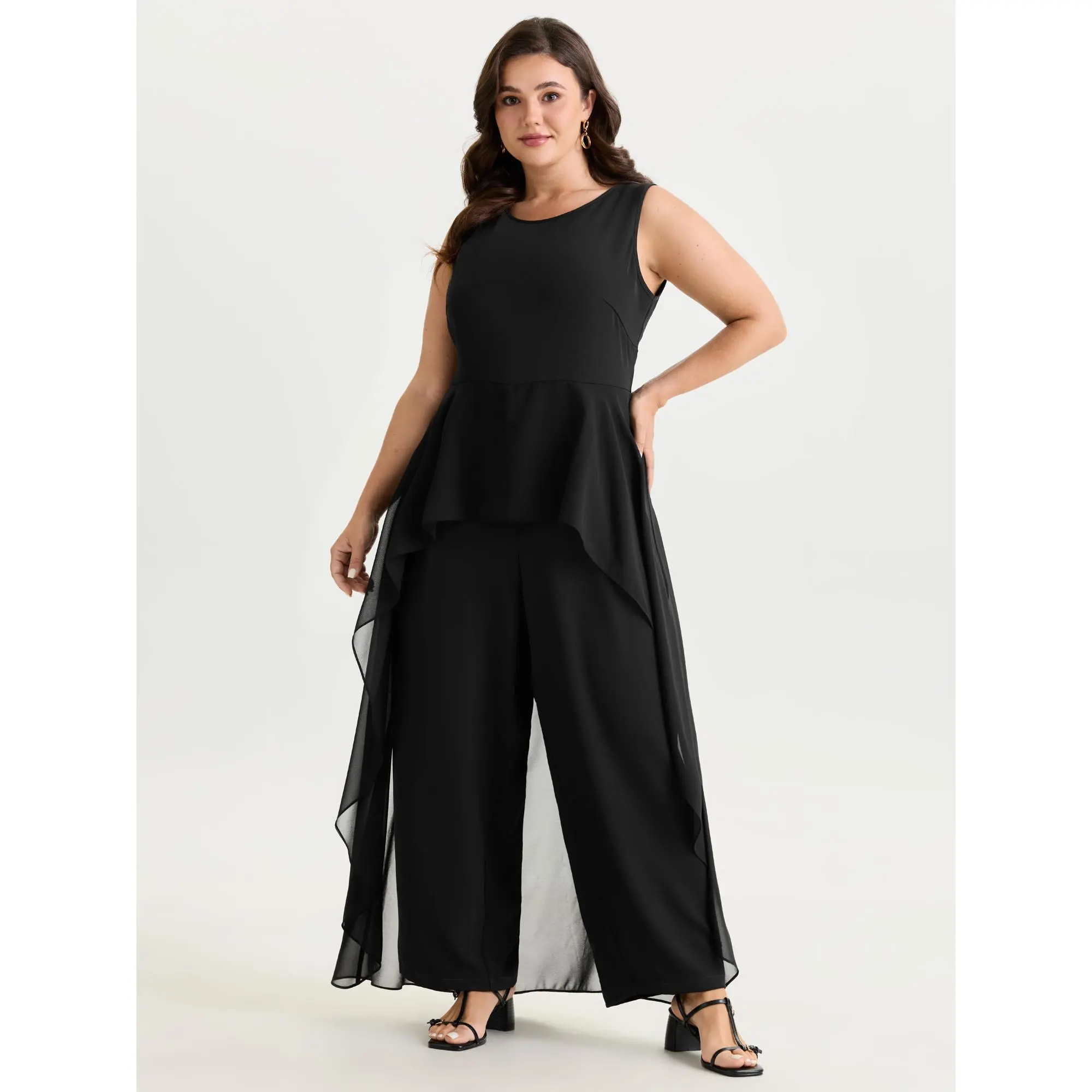 BloomChic Women's Plus Size Sleeveless Jumpsuit - Romantic Solid Black Curvy Clothing with Sheer Layering, Hidden Pocket, Stretchy Smooth Fabric, Fit, Regular Length, Casual, Cold Wash, Polyester Blend, Low Iron