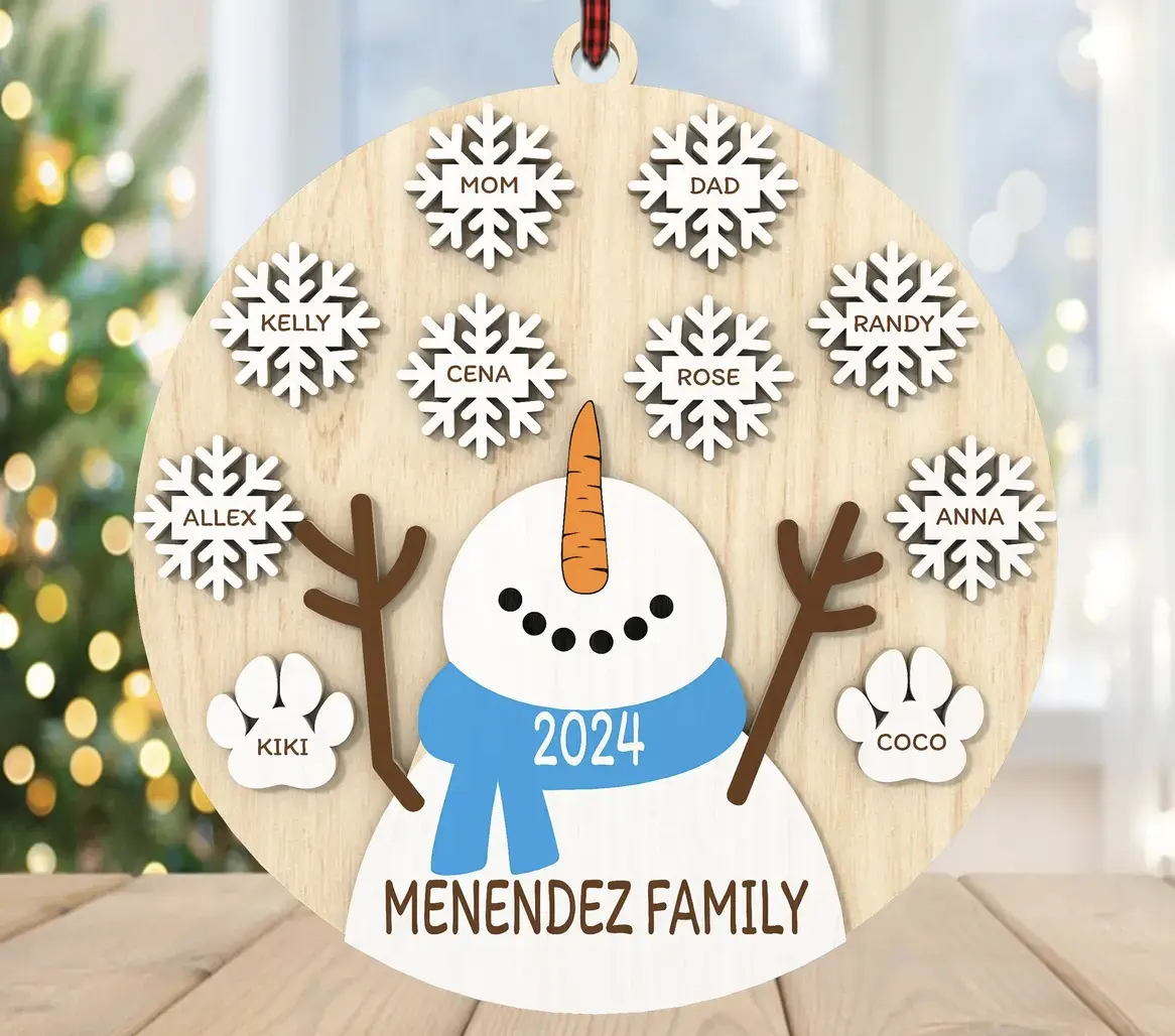 Custom Handmade Rustic Christmas Snowman Family Ornament with Personalized Names/Pet Names