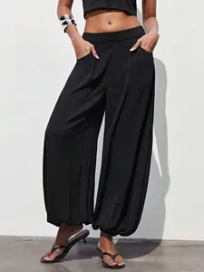 Solid Color Zip Design Casual Joggers, Slim Fit Knitted Harem Pants
