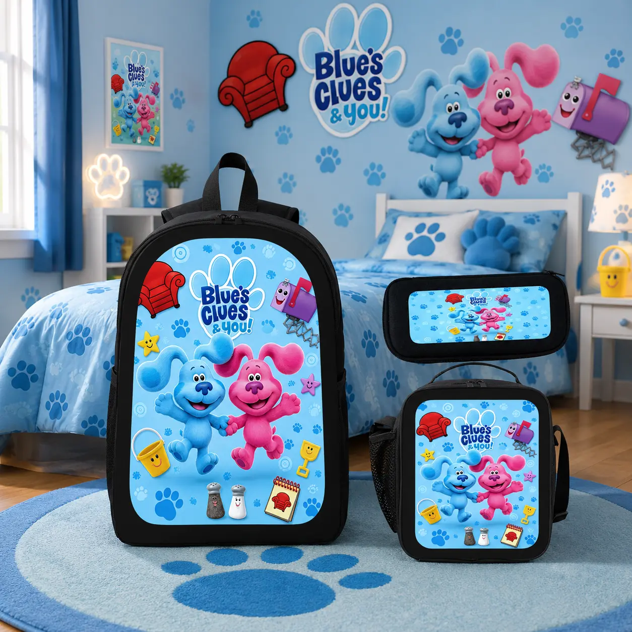 Blue's Clues Backpack Set 3PCS Backpack Lunch Bag Pencil Case Cartoon School Bag Lightweight Travel Daypack Bookbag for Boys Girls Preschool Students Back To School Gift Cute TikTok Viral Backpack Bundle Daily Carry Bag Trendy School Essentials